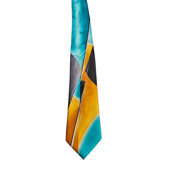 Arrow Abstract Geometric Tie Turquoise Yellow Gray Silk 3.75” Wide Made in China - Picture 1 of 7